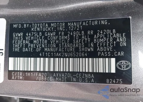 2022 Toyota Camry Le из США, поврежденный, VIN 4T1C11AK2NU652064